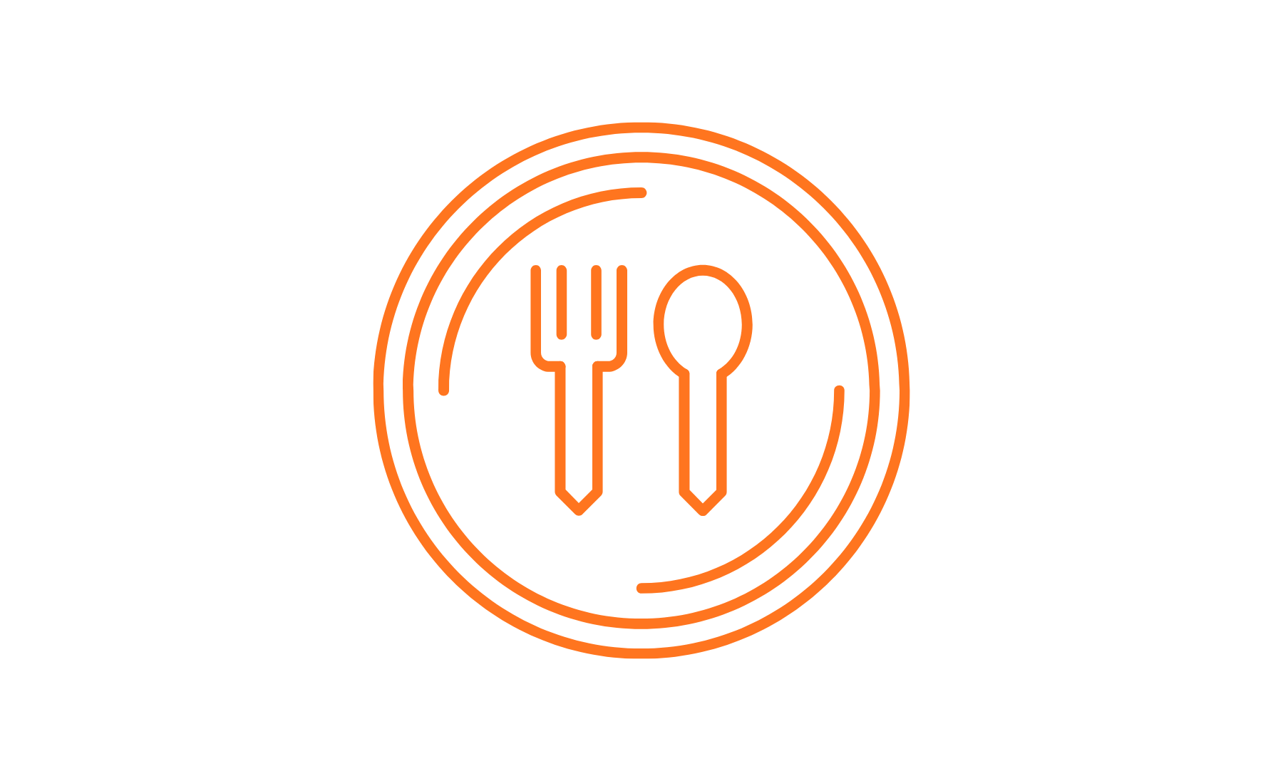 Icône orange d’assiette avec une fourchette et une cuillère sur fond noir, symbole de restauration.