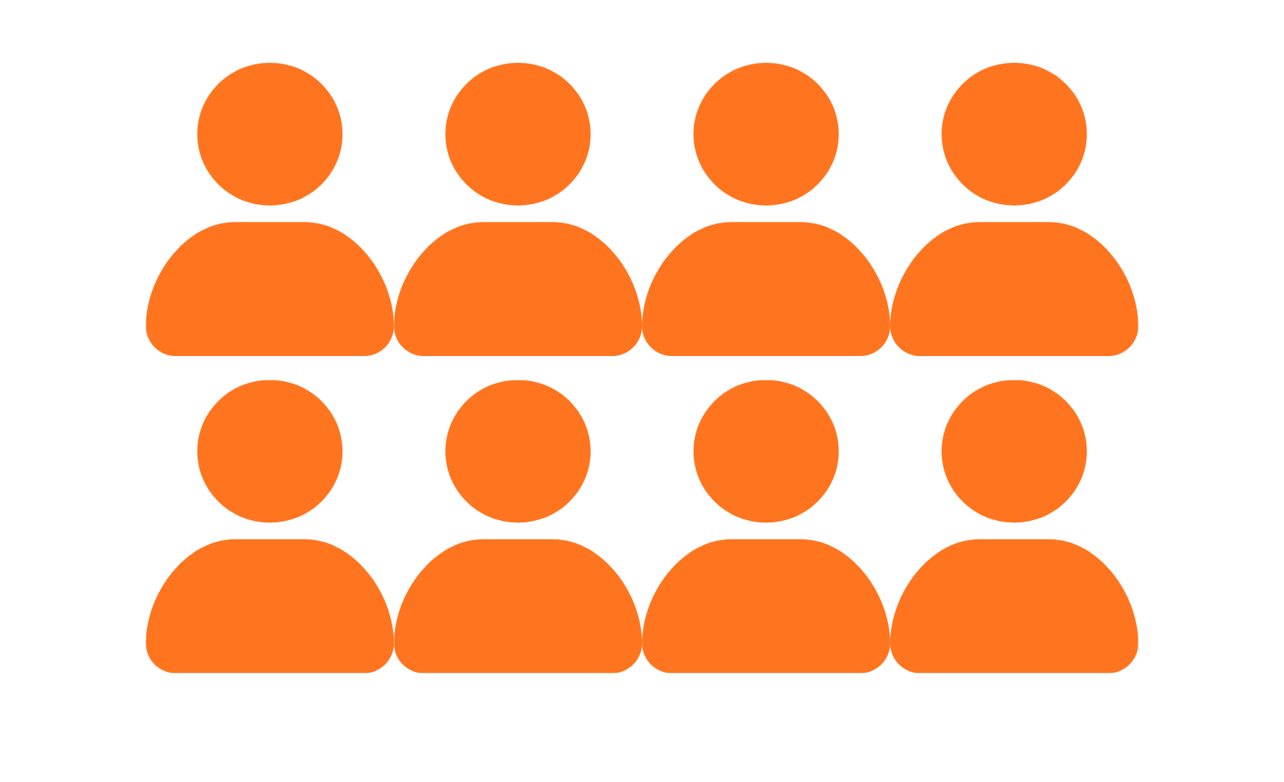 Icône de huit utilisateurs orange sur fond noir, représentant une équipe ou un groupe.